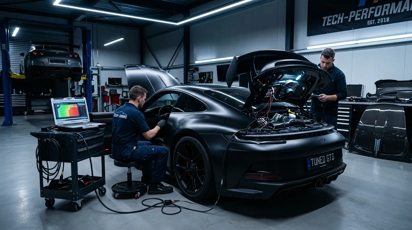 Sportovní auto při autosport tuningu a chiptuningu v moderní garáži.