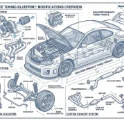 Diagram ukazující nejčastější úpravy auta při tuningu - podvozek, turbo a výfuk.
