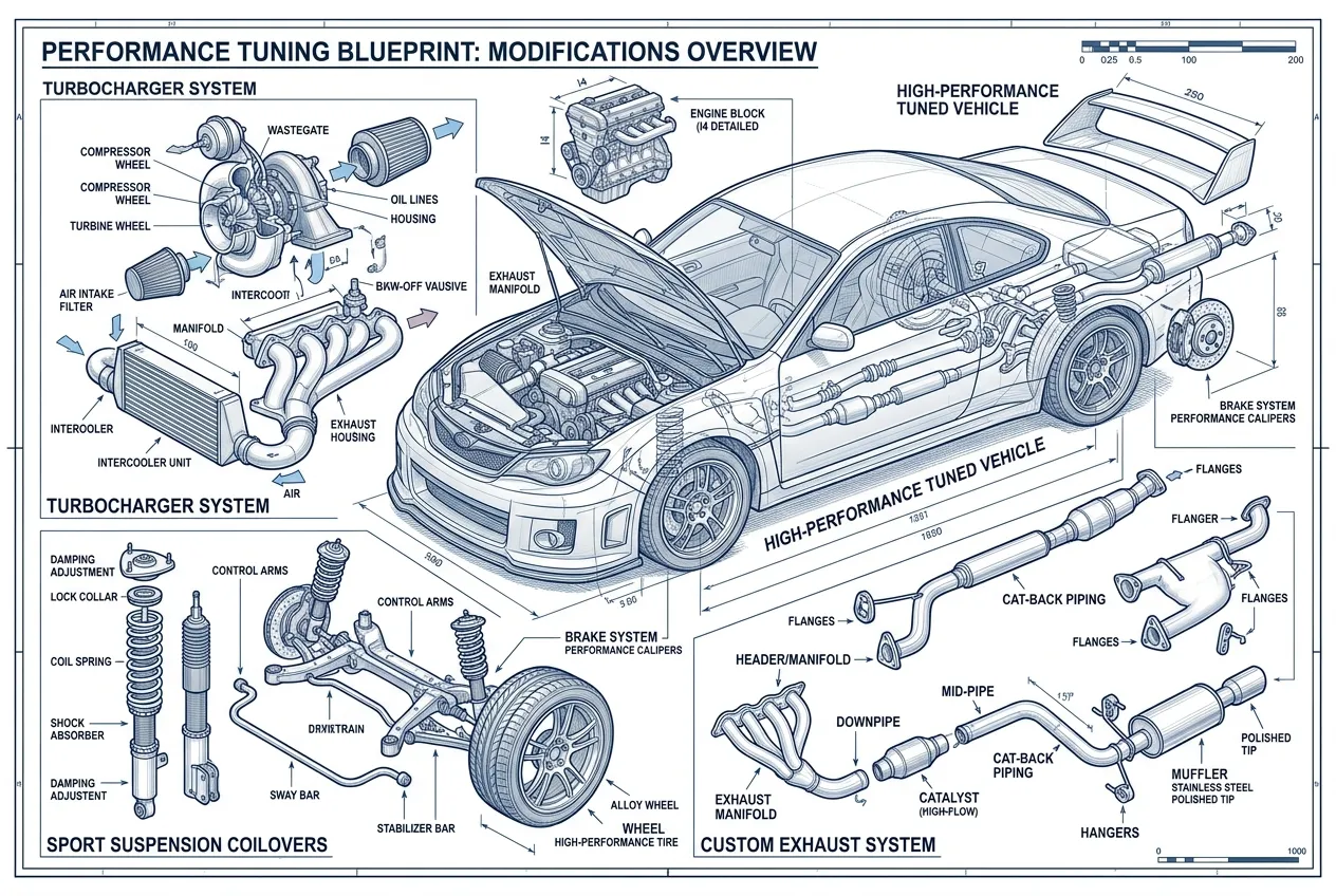 Diagram ukazující nejčastější úpravy auta při tuningu - podvozek, turbo a výfuk.